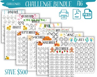 Monthly Savings Challenge Printable, Mini Savings Challenge Bundle, Kids Savings Challenge, A6 saving tacker, Save 500, 12 Challenges