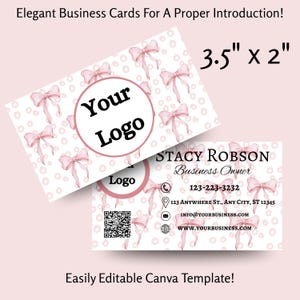 Editable Double Sided Pink Bow Business Card Template Elegant Watercolor Printable Business Card Beauty Salon Boutique Business Card