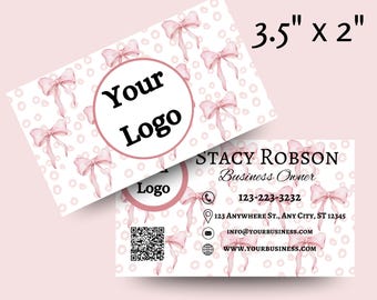 Editable Double Sided Pink Bow Business Card Template Elegant Watercolor Printable Business Card Beauty Salon Boutique Business Card