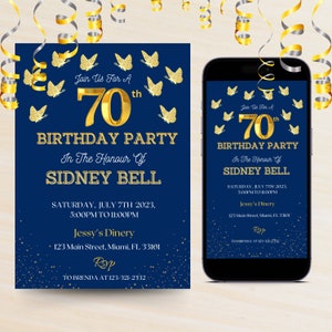Modello digitale modificabile di invito per il 70° compleanno con farfalle dorate, qualsiasi età, blu scuro e oro, modello di invito di compleanno per donne