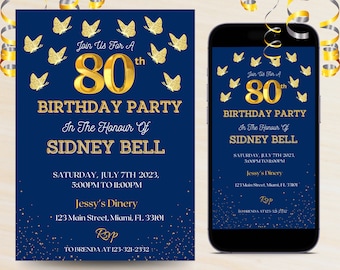 Editable Golden Butterflies 80th Birthday Invitation Digital Template, Any Age, Dark Blue And  Gold, Birthday Invitation Template For Ladies