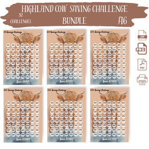 May include: A set of six printable Highland Cow saving challenge charts. Each chart features a watercolor illustration of a Highland Cow and a grid of circles with dollar amounts. The charts are designed to help people save money by tracking their progress towards a savings goal. The charts include savings goals of $15, $20, $25, $30, $35, and $40.