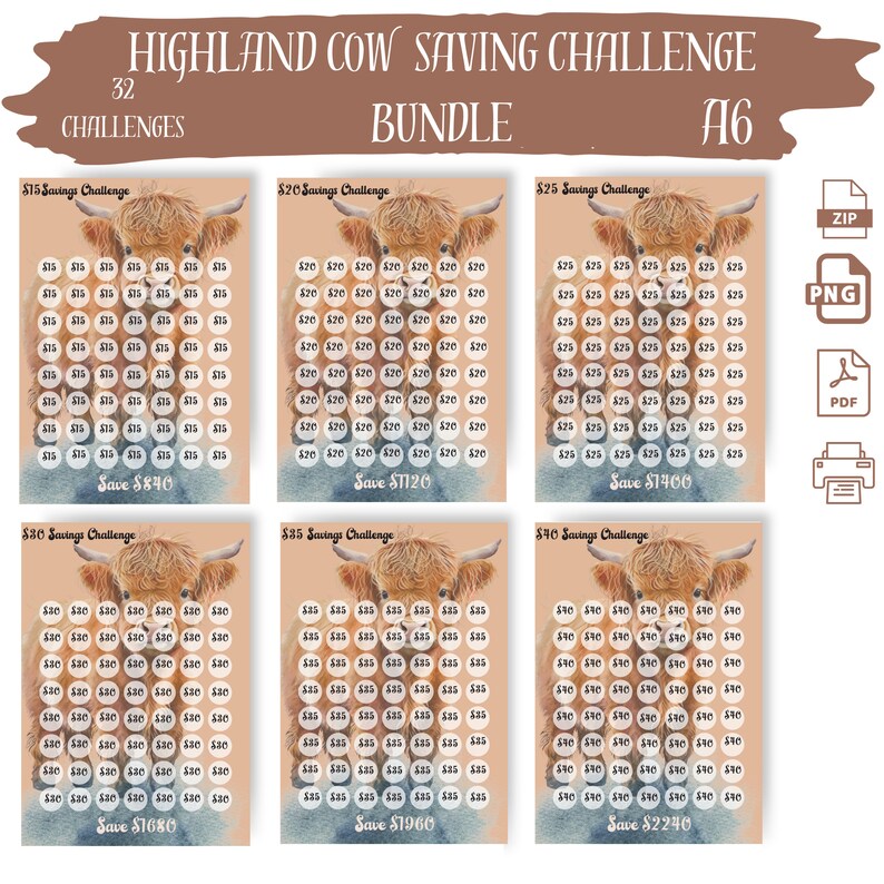 May include: A set of six printable Highland Cow saving challenge charts. Each chart features a watercolor illustration of a Highland Cow and a grid of circles with dollar amounts. The charts are designed to help people save money by tracking their progress towards a savings goal. The charts include savings goals of $15, $20, $25, $30, $35, and $40.