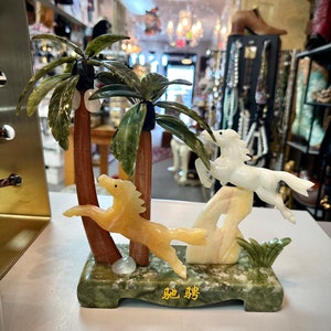 Vintage Carved Stone Horses with Palm Trees Figurine Marble? Jade?