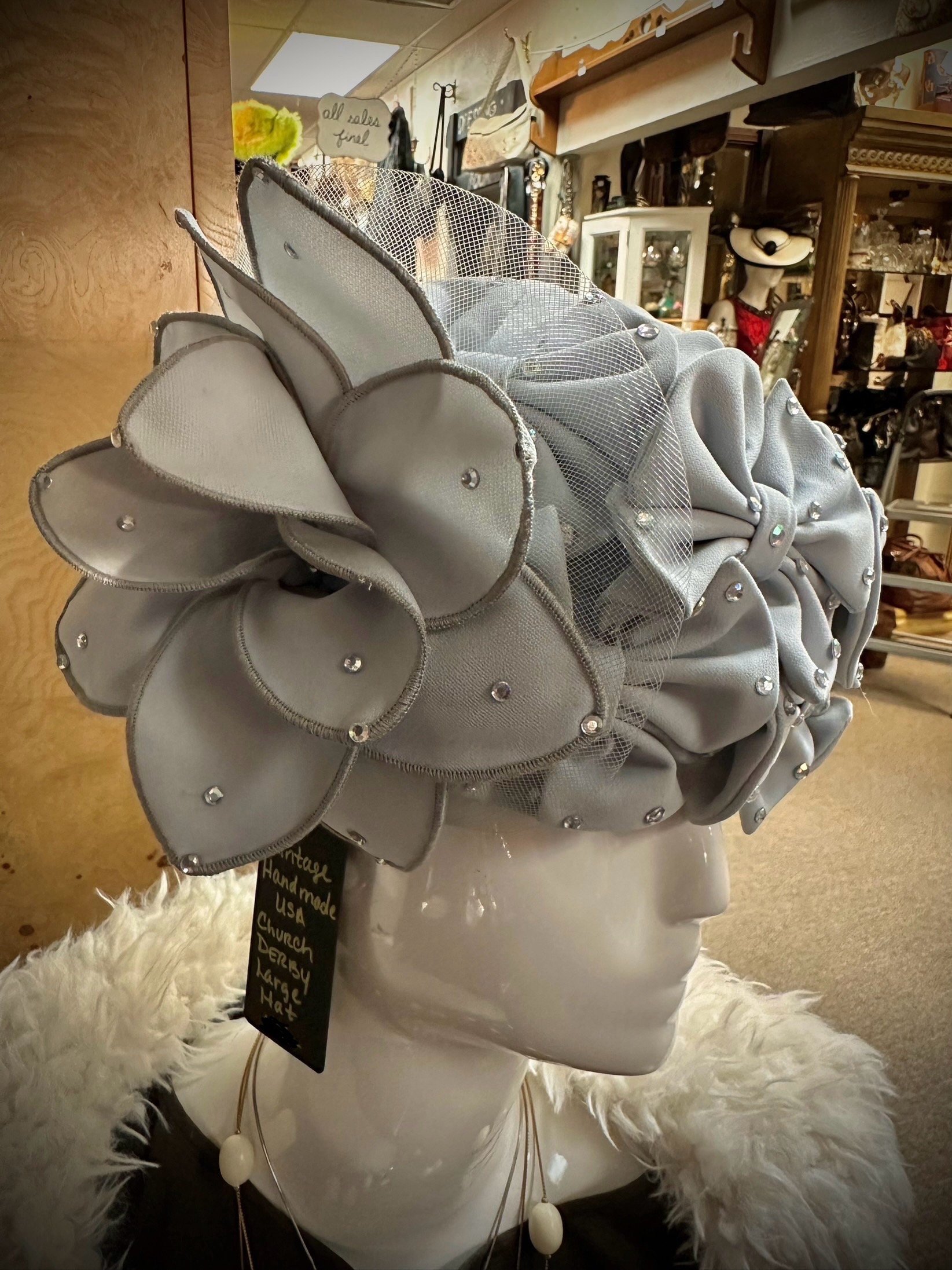 Vintage Handmade in USA Gray Rhinestone Fashion Hat Church Derby ...