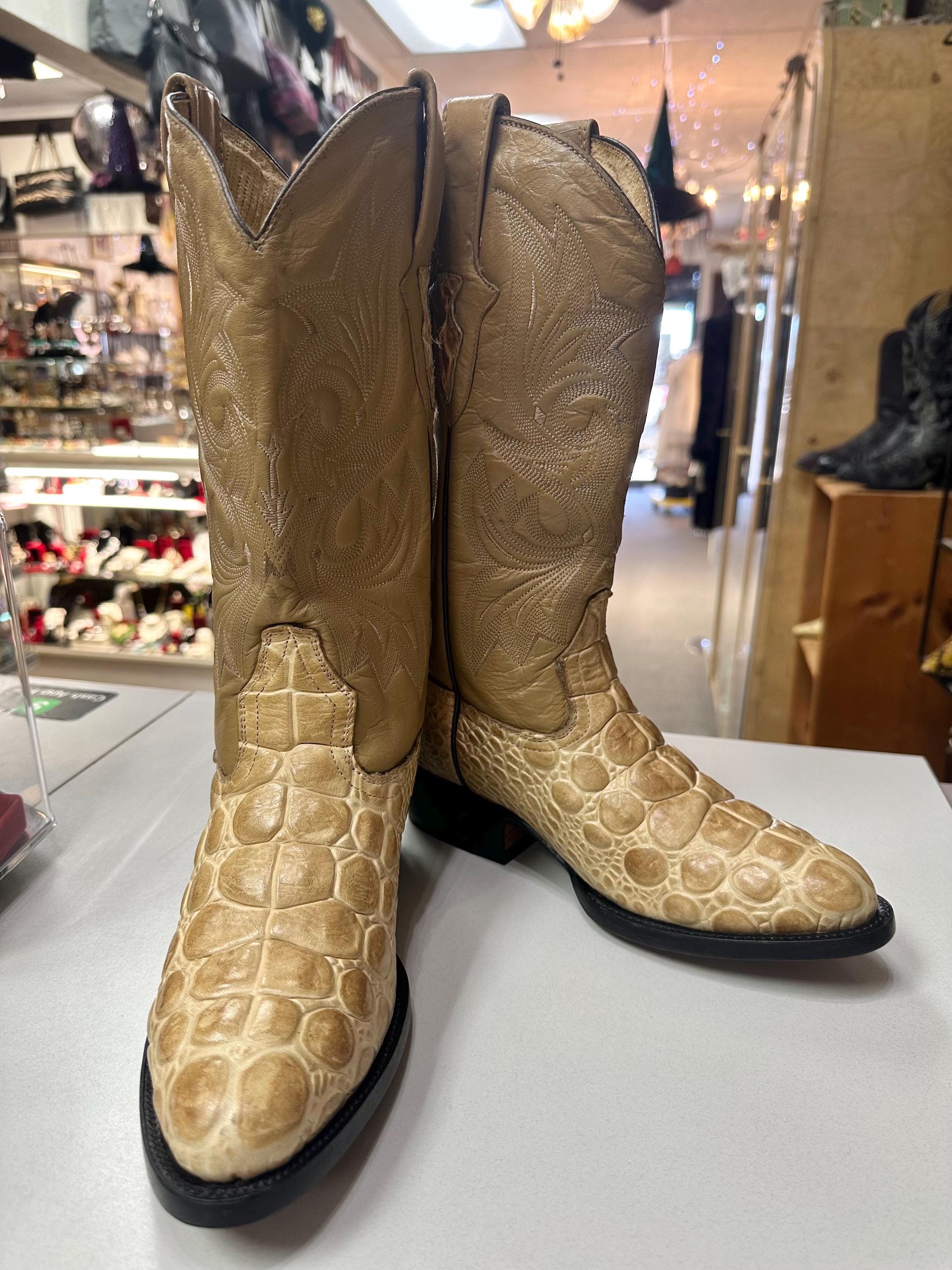 Vintage El Buitre Mens Cowboy Boots Beige Leather Gator  display picture 1
