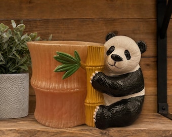Panda Bamboo Resin Planter – Hand Painted Animal Planter – Cute Panda Pot – Small Plant Holder – Nature-Inspired Decor