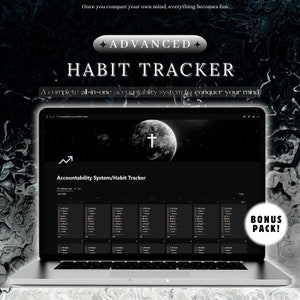 May include: A black laptop computer with a dark background image of a moon with a cross on it. The screen displays a calendar-based habit tracker with the text "Accountability System/Habit Tracker" and "BONUS PACK!" in a white circle.