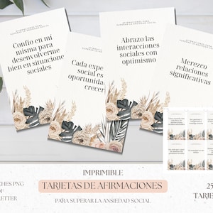 Tarjetas de afirmación en español para la ansiedad social: juego de 25, diseño de flores secas relajantes, tarjetas de afirmación imprimibles en español