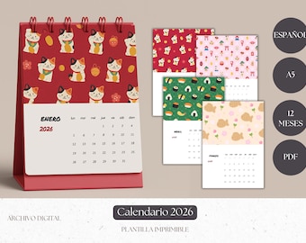 Calendario 2026 imprimible español | Agenda mensual A5 PDF | Calendario diseño japonés | Planificador 12 meses
