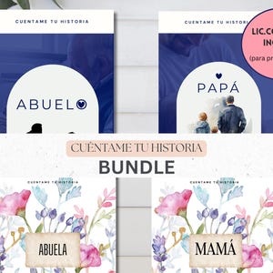 Puede incluir: Un conjunto de cuatro tarjetas con el texto "CUENTAME TU HISTORIA". Las tarjetas presentan ilustraciones de miembros de la familia, incluyendo "ABUELO", "PAPÁ", "ABUELA" y "MAMÁ". También hay diseños florales y de acuarela.