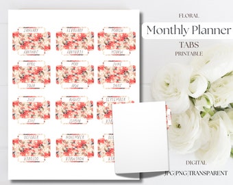 Floral Monthly Planner Tabs: Printable Calendar (PNG, JPG)