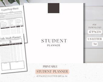 May include: Printable student planner with 47 pages in US Letter and A4 sizes. The planner includes a daily study planner, exam prep sheet, and a student planner cover page with the text "STUDENT PLANNER".
