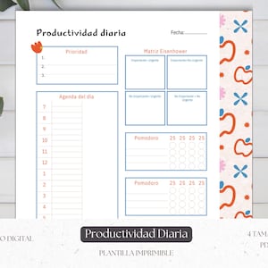 May include: A printable daily productivity planner with sections for priorities, an Eisenhower matrix, and a daily agenda. The design includes a floral accent and the text "Productividad Diaria".