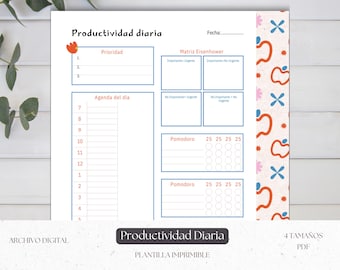Planificador de Productividad Diaria Imprimible / Plantilla PDF / Matriz Eisenhower + Pomodoro / Planner Digital / Organización y Enfoque