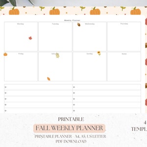 Op de afbeelding: Een afdrukbare wekelijkse herfstplanner met een crèmekleurige achtergrond en een rand van pompoenen, eikels en bladeren. De planner bevat secties voor elke dag van de week, plus een notitiesectie. De tekst "Fall Weekly Planner" staat onderaan.