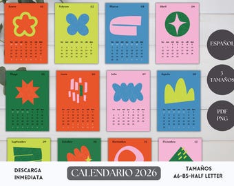 Calendario 2026 Imprimible | Calendario Minimalista en Español | Planner Digital PDF | Calendario Moderno| Descarga Instantánea