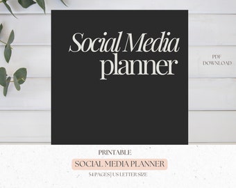 May include: A black and white image of a printable social media planner. The text "Social Media Planner" is in white on a black background. The text "Printable" and "54 Pages | US Letter Size" is in white on a light pink background. The text "PDF Download" is in white on a black background.