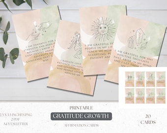 May include: Printable gratitude growth affirmation cards with watercolor backgrounds and illustrations. The cards feature positive affirmations such as "I am thankful for a strength and resilience" and "I radiate love, patience, gratefulness, and generosity". There are 20 cards in total, measuring 2.5 x 3.5 inches.