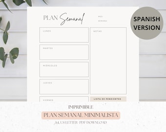 Planificador semanal en español, Plan semanal unprimible, Wochenkalender spanische Version.