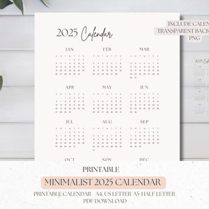 2025 Yearly Calendar Printable - Minimalist Design - Instant Download - Year at a Glance