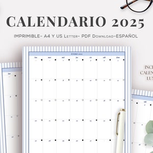 2025 Calendar, Calendar 2025 Spanish, Printable Spanish Calendar, 2025 lunar Calendar