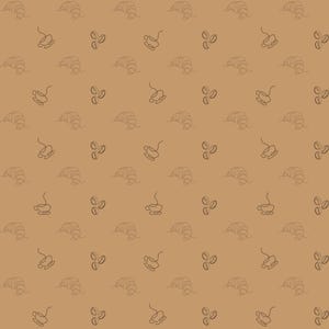 May include: A repeating pattern on a light brown background featuring dark brown line art illustrations of croissants, steaming coffee cups, and coffee beans arranged in a grid-like layout across the entire surface of the material.