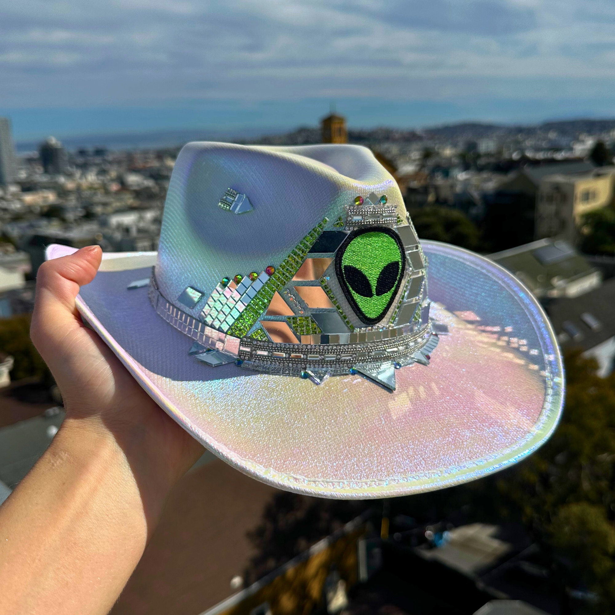 Custom Rave Hats Custom Disco Cowgirl Hat: Rhinestone Alien, Holographic Rave Hat ...
