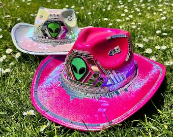 Cowboyhoed discoruimte: roze holografische strass Alien Rave Hat Festival