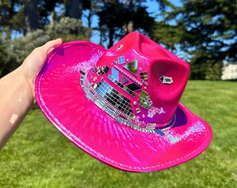 Disco Cowgirl Hat: Hot Pink Rhinestone Iridescent Space Cowboy, Costume Festival, Rave, Holographic, Burning man