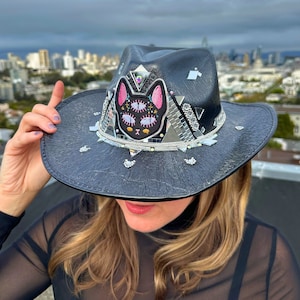 Spooky Occult Black Cat Witch Disco Space Cowgirl Cowboy Third Eye Hat • Western Festival Rave Cosmic Goth Black Silver Rhinestone Metallic