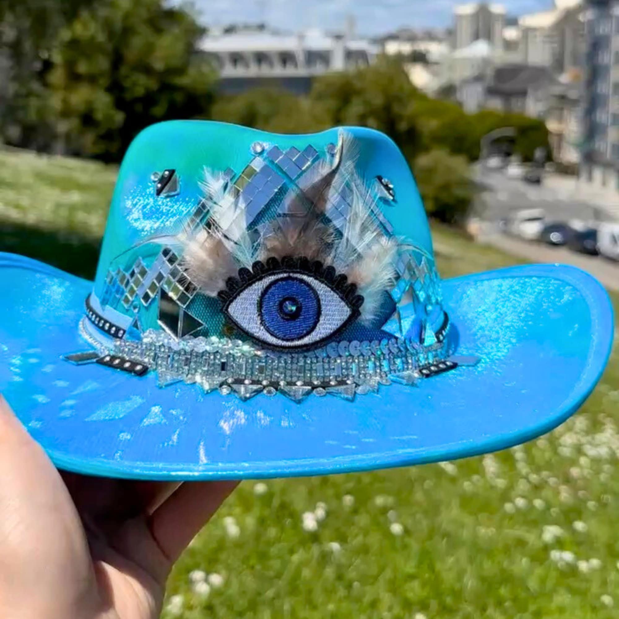 Light Blue Rhinestone Embellished Newsboy Hat Light Blue Rhinestone Hat – Adorned main image 3