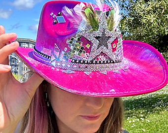 CUSTOM Disco Space Cowboy Hat • Cosmic Cowgirl Outfit • Barbie Pink Rhinestone Star Iridescent Western • Festival Rave Eras Tour Costume