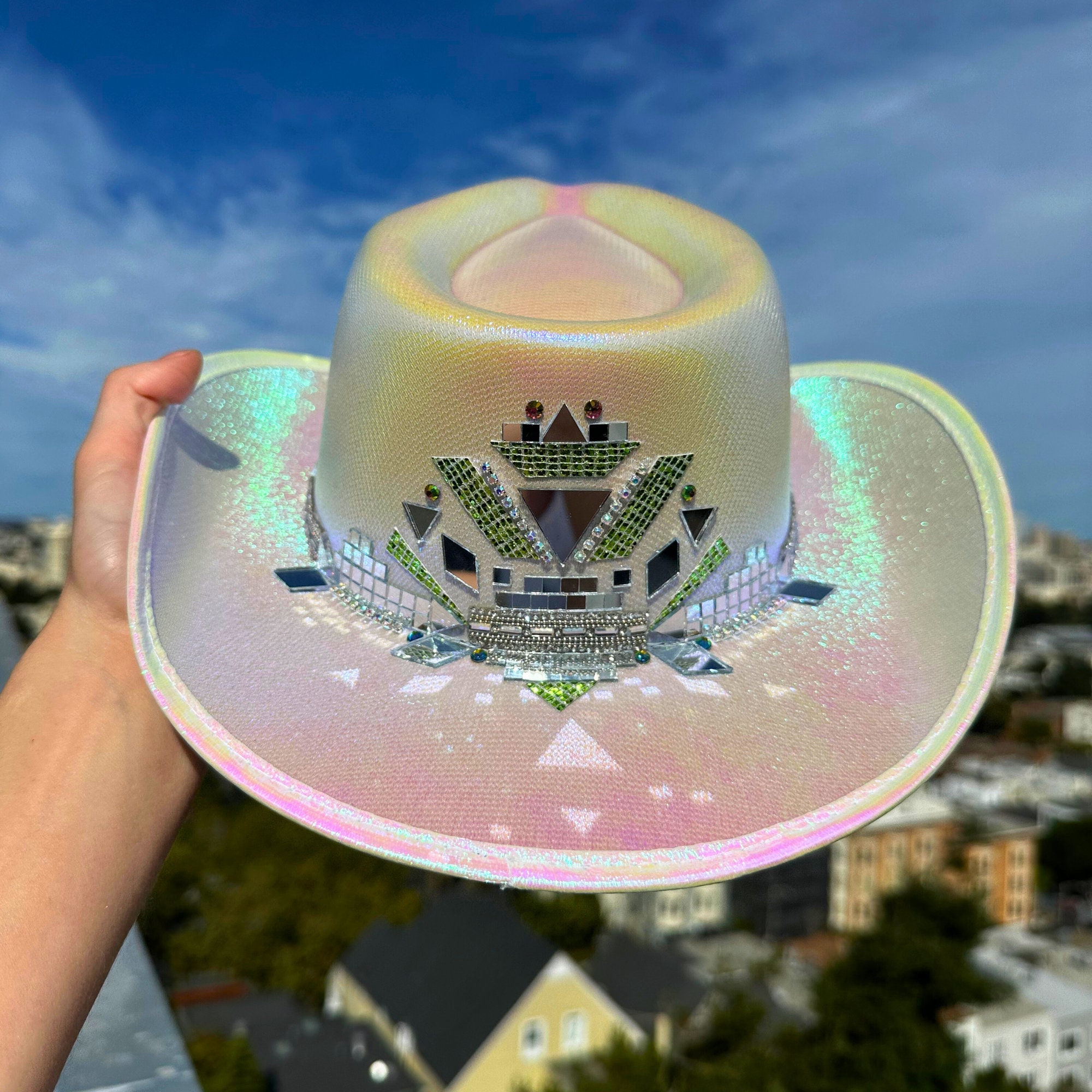 Metallic Baby Pink, Hot Pink Or Blue Space Cowboy Hat By Sequin Souls