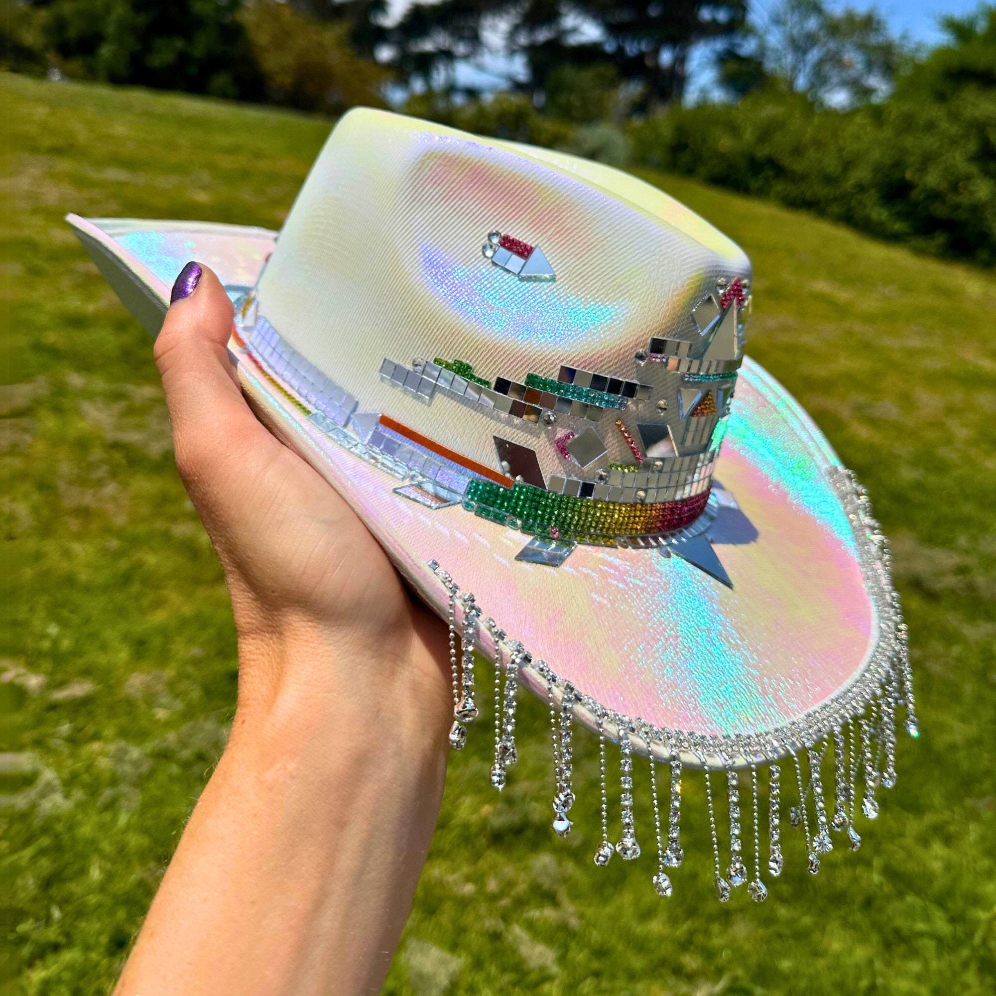 Rainbow Disco Cowboy Hat: Iridescent Rhinestone Space  display picture 1
