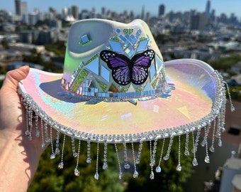 CUSTOM Disco Space Cowboy Butterfly Hat Cosmic Cowgirl Outfit Iridescent Holographic White • Festival Rave y2k 90s Western Rhinestone Fringe