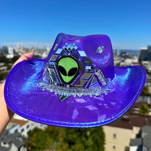 CUSTOM Disco Space Cowboy Hat • Cosmic Cowgirl Outfit • Purple Iridescent Holographic Rhinestone Western Alien Superstar Festival Rave