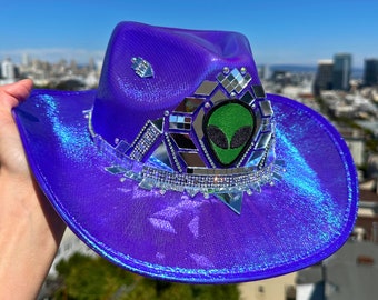 Disco Space Cowboy Hat: Purple Iridescent Rhinestone, Alien