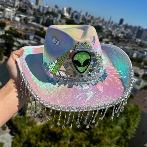 Custom Iridescent Space Cowboy Hat: Rhinestone Alien Cowgirl  display picture 1