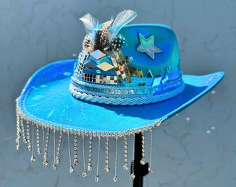 Disco Cowboy Hat • Cosmic Space Cowgirl Outfit • Blue Star Iridescent Holographic Rhinestone Fringe Western • Festival Rave  Eras Tour