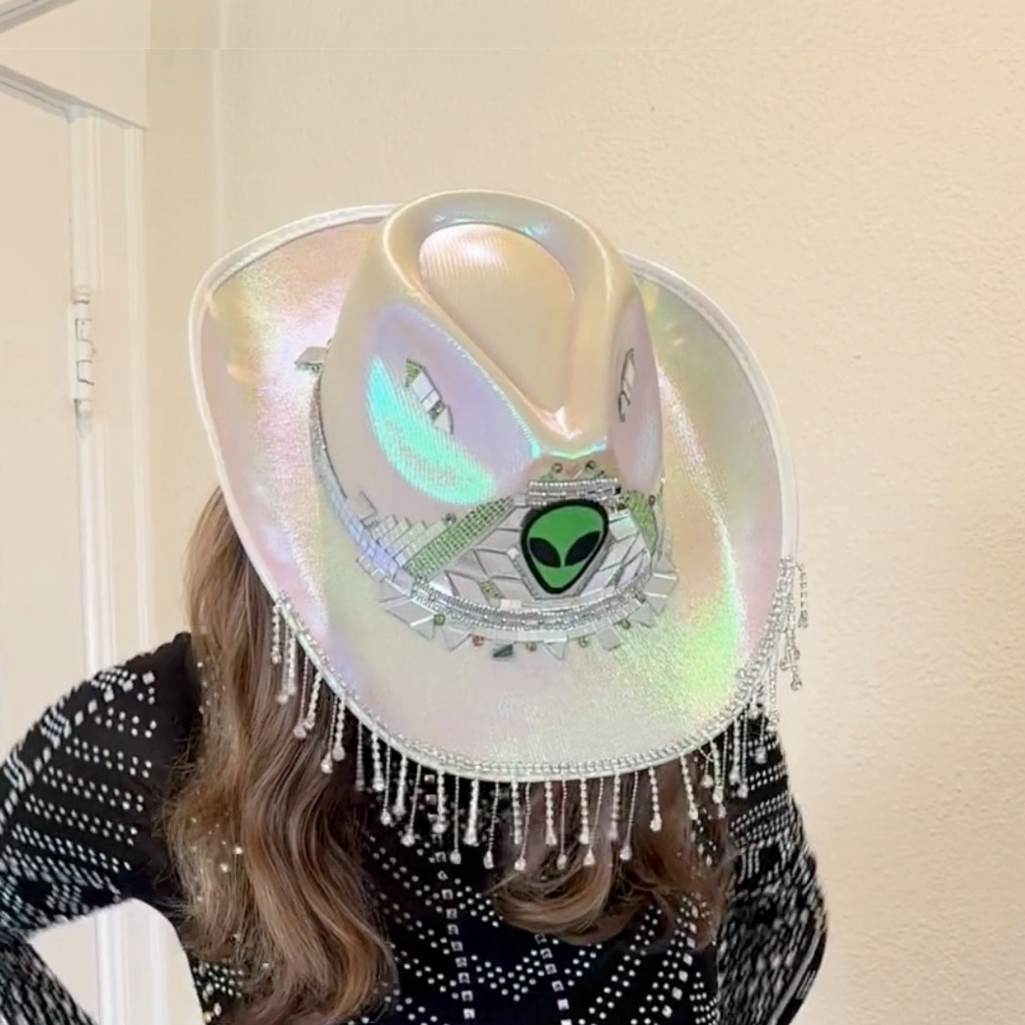 2616 Led Iridescent Space Cowboy Hat Sparkly Iridescent Glitter Space White Cowboy Hat  main image 4
