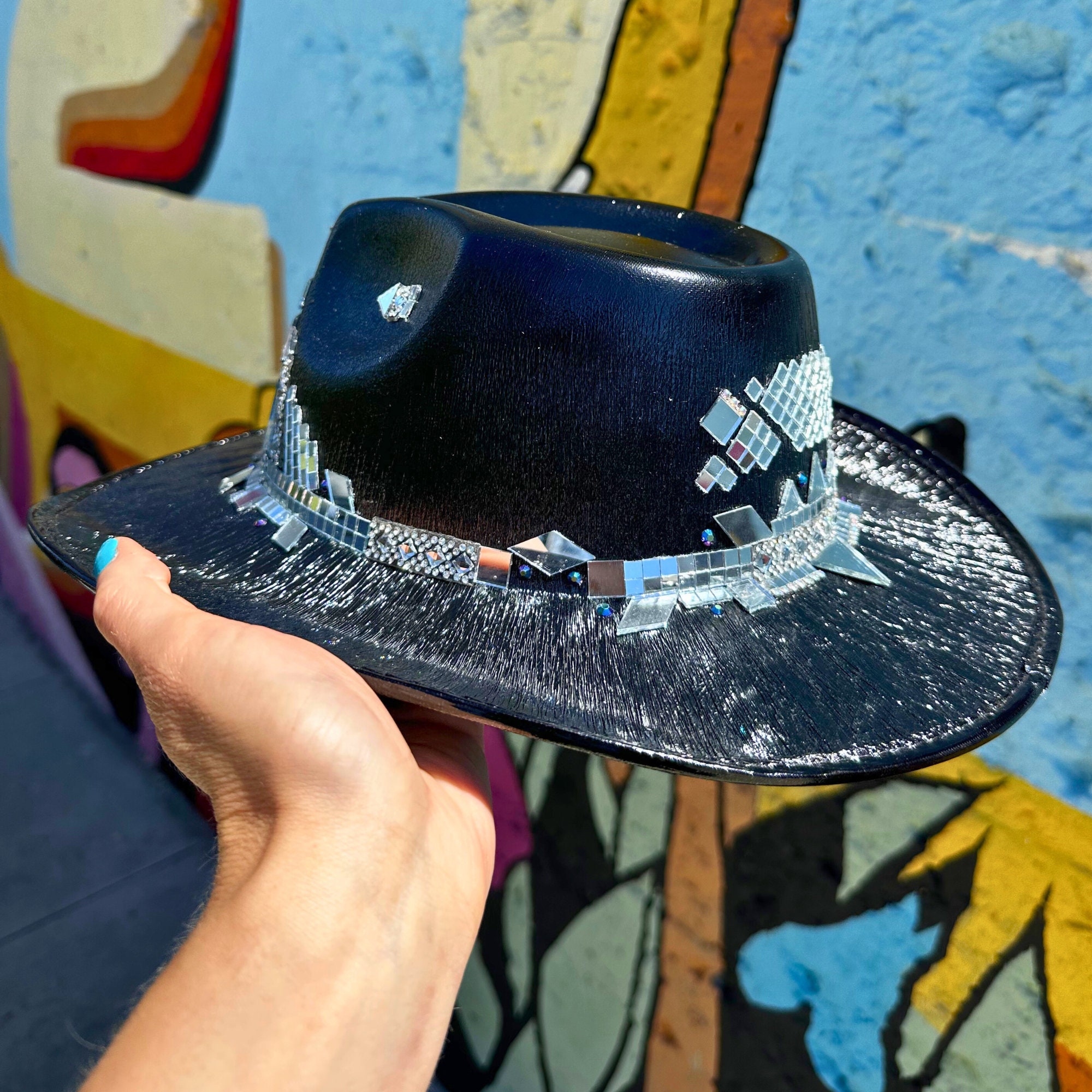 Custom Hand Painted Wide-Brim Pink Felt Hat with Rainbow UFO  Graphics Hand-painted hats for sale on Instagram and website main image 3