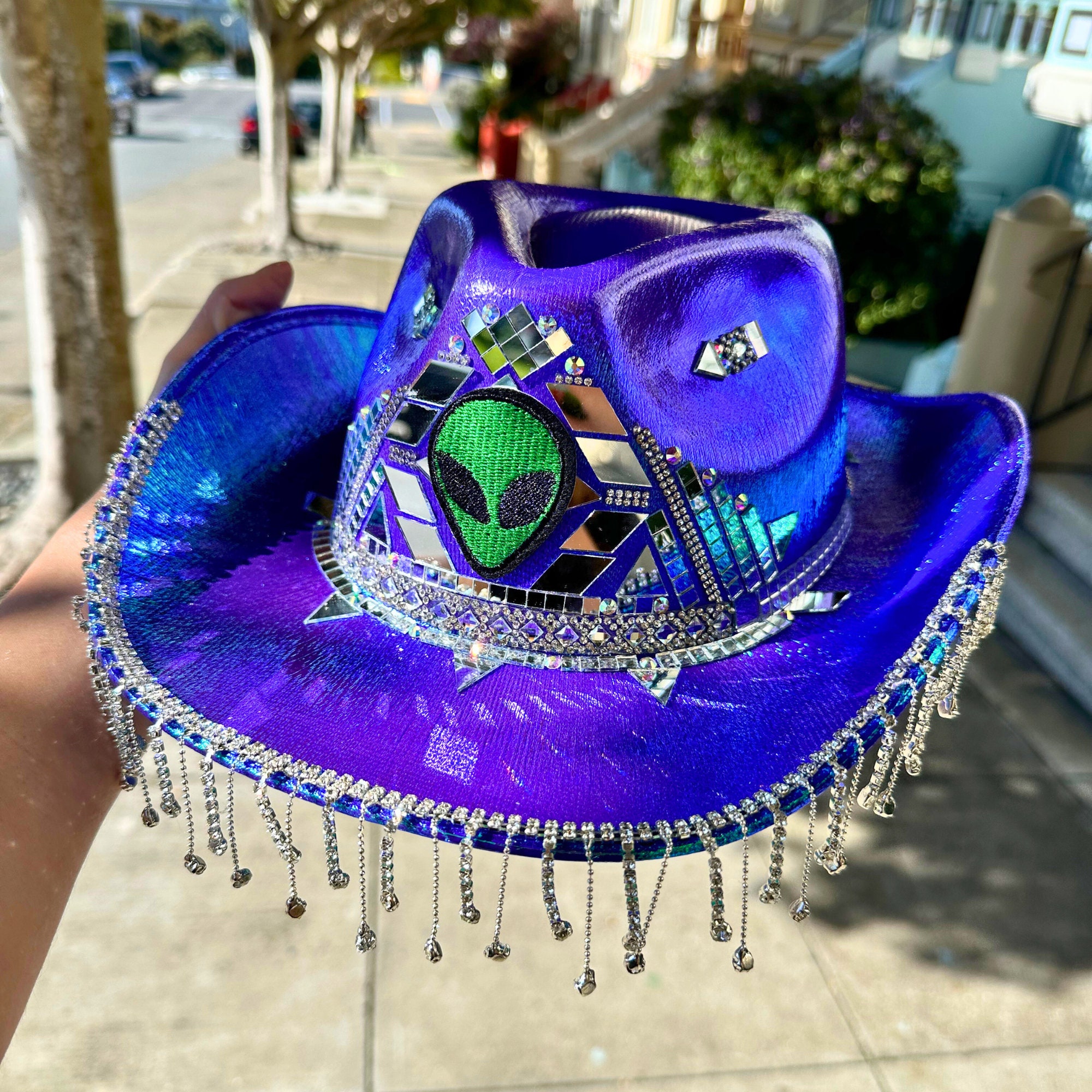 CUSTOM Disco Cowboy Hat: Purple Holographic Rhinestone Fringe, Alien ...