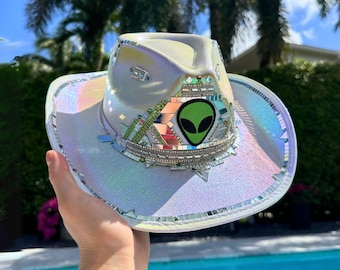 Iriserende discocowboyhoed: strass Alien cowgirl rave-outfit, festival, rave, holografisch, Burning man