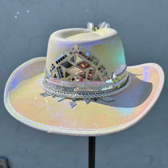 Custom Iridescent Space Cowboy Hat: Rhinestone Alien Cowgirl