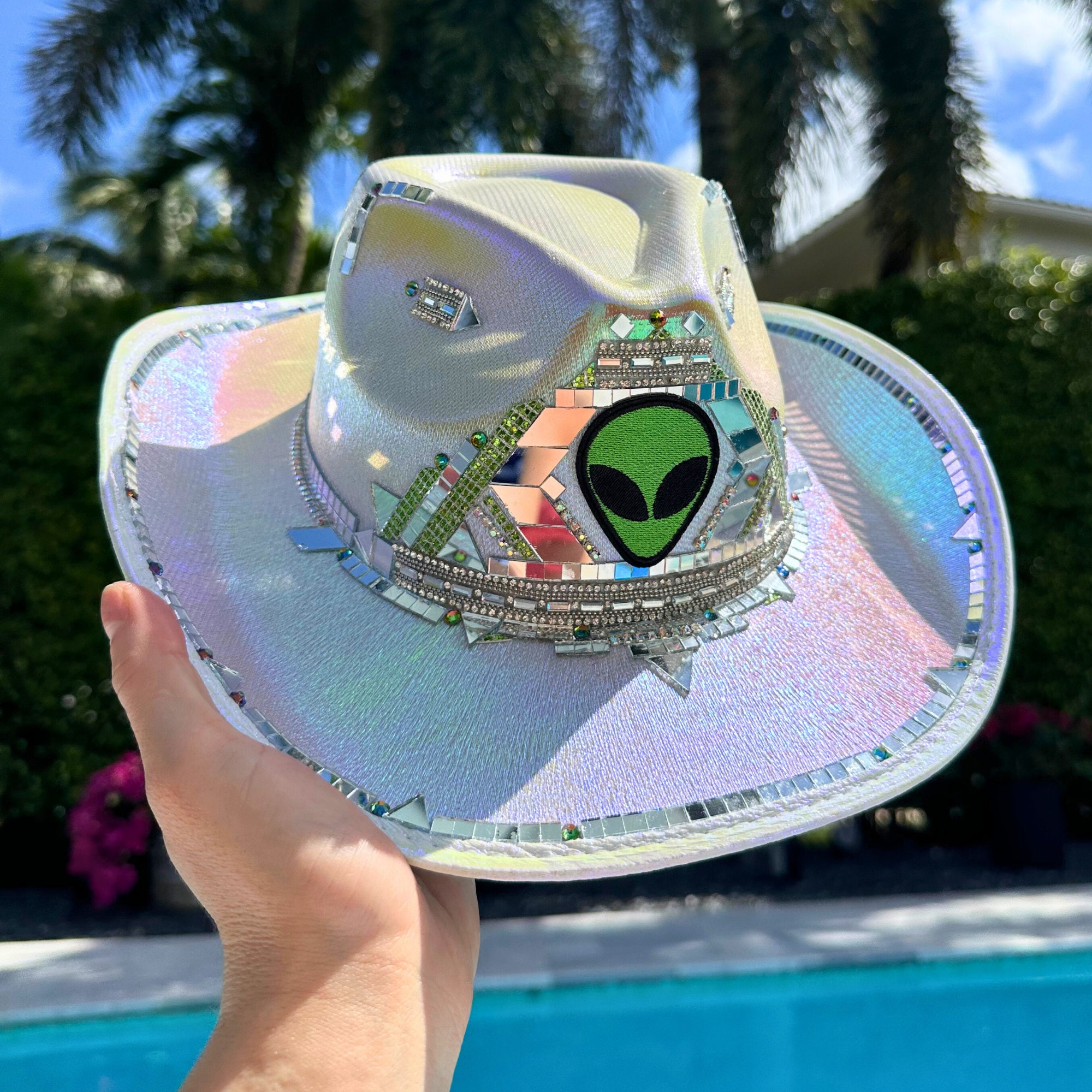 Custom Iridescent Space Cowboy Hat: Rhinestone Alien Cowgirl  display picture 2