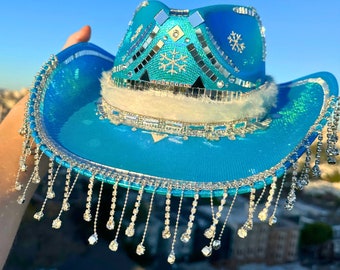 Snowdeo Cowgirl Hat • Western Snow Queen • Disco Space Cowboy Holographic Rhinestone • Iridescent Festival Snowflake Winter Rave