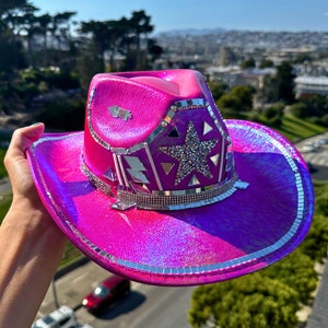 Disco Space Cowboy Hat • Cosmic Cowgirl Outfit • Barbie Pink Costume Rhinestone Star Iridescent Western • Festival Rave Tour Costume