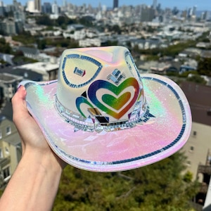 Pride Rainbow Heart Cowboy Hat: Rhinestone Disco Cowgirl Rave Outfit Festival