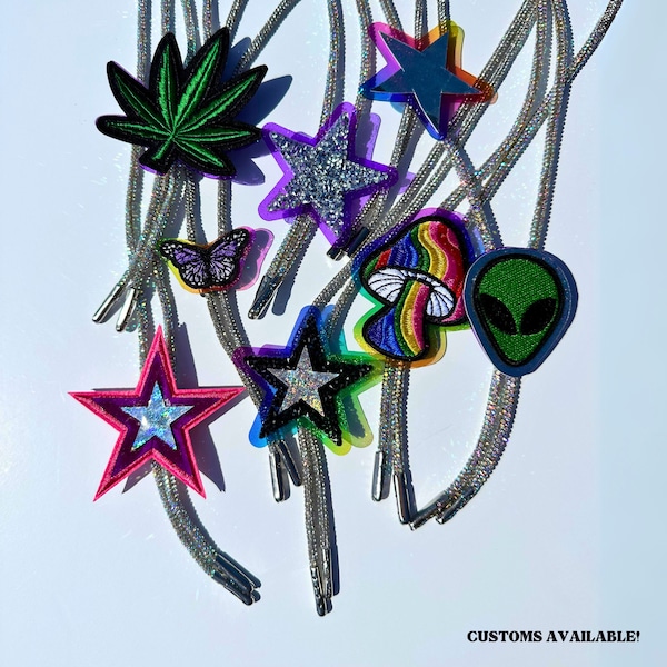 Bolo Tie Accessory • Disco Space Cowboy Cowgirl  • Rhinestone Silver Star Weed Hemp Leaf Alien Butterfly Magic Mushroom  •  Cowgirl costume